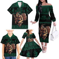 Merry Krampus Creepy Christmas Holiday Family Matching Off The Shoulder Long Sleeve Dress and Hawaiian Shirt Green Version - Wonder Print Shop