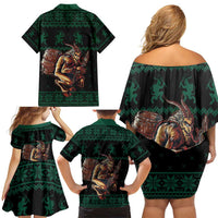 Merry Krampus Creepy Christmas Holiday Family Matching Off Shoulder Short Dress and Hawaiian Shirt Green Version - Wonder Print Shop