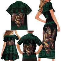 Merry Krampus Creepy Christmas Holiday Family Matching Short Sleeve Bodycon Dress and Hawaiian Shirt Green Version - Wonder Print Shop