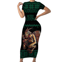 Merry Krampus Creepy Christmas Holiday Family Matching Short Sleeve Bodycon Dress and Hawaiian Shirt Green Version - Wonder Print Shop