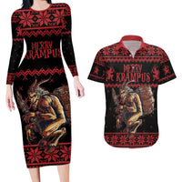 Merry Krampus Creepy Christmas Holiday Couples Matching Long Sleeve Bodycon Dress and Hawaiian Shirt Red Version - Wonder Print Shop