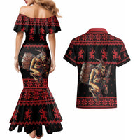 Merry Krampus Creepy Christmas Holiday Couples Matching Mermaid Dress and Hawaiian Shirt Red Version - Wonder Print Shop