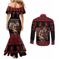 Merry Krampus Creepy Christmas Holiday Couples Matching Mermaid Dress and Long Sleeve Button Shirt Red Version