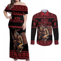 Merry Krampus Creepy Christmas Holiday Couples Matching Off Shoulder Maxi Dress and Long Sleeve Button Shirt Red Version - Wonder Print Shop