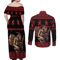 Merry Krampus Creepy Christmas Holiday Couples Matching Off Shoulder Maxi Dress and Long Sleeve Button Shirt Red Version - Wonder Print Shop