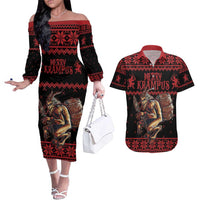 Merry Krampus Creepy Christmas Holiday Couples Matching Off The Shoulder Long Sleeve Dress and Hawaiian Shirt Red Version - Wonder Print Shop