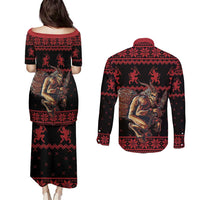 Merry Krampus Creepy Christmas Holiday Couples Matching Puletasi and Long Sleeve Button Shirt Red Version - Wonder Print Shop