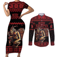 Merry Krampus Creepy Christmas Holiday Couples Matching Short Sleeve Bodycon Dress and Long Sleeve Button Shirt Red Version - Wonder Print Shop