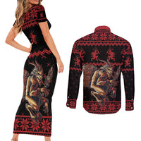 Merry Krampus Creepy Christmas Holiday Couples Matching Short Sleeve Bodycon Dress and Long Sleeve Button Shirt Red Version - Wonder Print Shop
