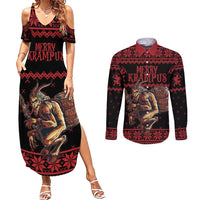 Merry Krampus Creepy Christmas Holiday Couples Matching Summer Maxi Dress and Long Sleeve Button Shirt Red Version - Wonder Print Shop