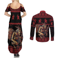 Merry Krampus Creepy Christmas Holiday Couples Matching Summer Maxi Dress and Long Sleeve Button Shirt Red Version - Wonder Print Shop