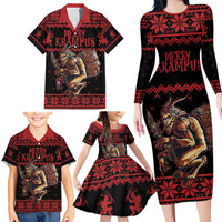 Merry Krampus Creepy Christmas Holiday Family Matching Long Sleeve Bodycon Dress and Hawaiian Shirt Red Version - Wonder Print Shop