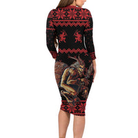 Merry Krampus Creepy Christmas Holiday Family Matching Long Sleeve Bodycon Dress and Hawaiian Shirt Red Version - Wonder Print Shop