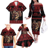 Merry Krampus Creepy Christmas Holiday Family Matching Off The Shoulder Long Sleeve Dress and Hawaiian Shirt Red Version - Wonder Print Shop