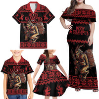 Merry Krampus Creepy Christmas Holiday Family Matching Off Shoulder Maxi Dress and Hawaiian Shirt Red Version - Wonder Print Shop