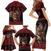 Merry Krampus Creepy Christmas Holiday Family Matching Short Sleeve Bodycon Dress and Hawaiian Shirt Red Version - Wonder Print Shop