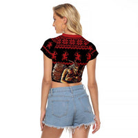 Merry Krampus Creepy Christmas Holiday Raglan Cropped T Shirt Red Version - Wonder Print Shop