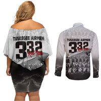 Tuskegee Airmen Pride Couples Matching Off Shoulder Short Dress and Long Sleeve Button Shirt 332nd Fighter Group Red Tails - Wonder Print Shop
