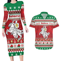 Belarus Pahonia Christmas Couples Matching Long Sleeve Bodycon Dress and Hawaiian Shirt Belarusian Vytis Knight Xmas Pattern - Wonder Print Shop