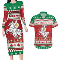 Belarus Pahonia Christmas Couples Matching Long Sleeve Bodycon Dress and Hawaiian Shirt Belarusian Vytis Knight Xmas Pattern - Wonder Print Shop