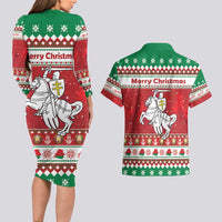 Belarus Pahonia Christmas Couples Matching Long Sleeve Bodycon Dress and Hawaiian Shirt Belarusian Vytis Knight Xmas Pattern - Wonder Print Shop