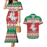 Belarus Pahonia Christmas Couples Matching Mermaid Dress and Hawaiian Shirt Belarusian Vytis Knight Xmas Pattern - Wonder Print Shop