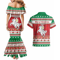 Belarus Pahonia Christmas Couples Matching Mermaid Dress and Hawaiian Shirt Belarusian Vytis Knight Xmas Pattern - Wonder Print Shop