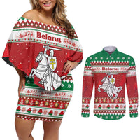 Belarus Pahonia Christmas Couples Matching Off Shoulder Short Dress and Long Sleeve Button Shirt Belarusian Vytis Knight Xmas Pattern - Wonder Print Shop