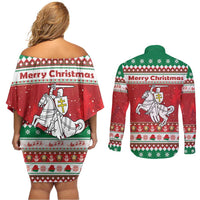 Belarus Pahonia Christmas Couples Matching Off Shoulder Short Dress and Long Sleeve Button Shirt Belarusian Vytis Knight Xmas Pattern - Wonder Print Shop