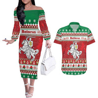 Belarus Pahonia Christmas Couples Matching Off The Shoulder Long Sleeve Dress and Hawaiian Shirt Belarusian Vytis Knight Xmas Pattern - Wonder Print Shop