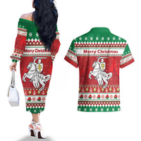 Belarus Pahonia Christmas Couples Matching Off The Shoulder Long Sleeve Dress and Hawaiian Shirt Belarusian Vytis Knight Xmas Pattern - Wonder Print Shop