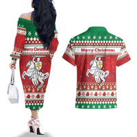 Belarus Pahonia Christmas Couples Matching Off The Shoulder Long Sleeve Dress and Hawaiian Shirt Belarusian Vytis Knight Xmas Pattern - Wonder Print Shop
