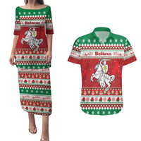Belarus Pahonia Christmas Couples Matching Puletasi and Hawaiian Shirt Belarusian Vytis Knight Xmas Pattern - Wonder Print Shop