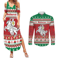 Belarus Pahonia Christmas Couples Matching Summer Maxi Dress and Long Sleeve Button Shirt Belarusian Vytis Knight Xmas Pattern - Wonder Print Shop