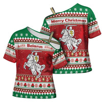 Belarus Pahonia Christmas Cross Shoulder Shirt Belarusian Vytis Knight Xmas Pattern - Wonder Print Shop