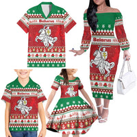 Belarus Pahonia Christmas Family Matching Off The Shoulder Long Sleeve Dress and Hawaiian Shirt Belarusian Vytis Knight Xmas Pattern - Wonder Print Shop
