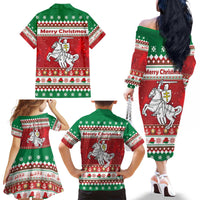 Belarus Pahonia Christmas Family Matching Off The Shoulder Long Sleeve Dress and Hawaiian Shirt Belarusian Vytis Knight Xmas Pattern - Wonder Print Shop