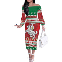 Belarus Pahonia Christmas Family Matching Off The Shoulder Long Sleeve Dress and Hawaiian Shirt Belarusian Vytis Knight Xmas Pattern - Wonder Print Shop