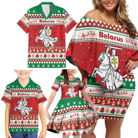 Belarus Pahonia Christmas Family Matching Off Shoulder Short Dress and Hawaiian Shirt Belarusian Vytis Knight Xmas Pattern - Wonder Print Shop