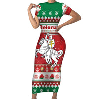 Belarus Pahonia Christmas Family Matching Short Sleeve Bodycon Dress and Hawaiian Shirt Belarusian Vytis Knight Xmas Pattern - Wonder Print Shop