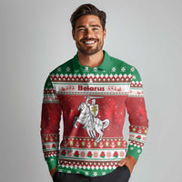 Belarus Pahonia Christmas Long Sleeve Polo Shirt Belarusian Vytis Knight Xmas Pattern - Wonder Print Shop
