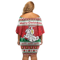 Belarus Pahonia Christmas Off Shoulder Short Dress Belarusian Vytis Knight Xmas Pattern - Wonder Print Shop