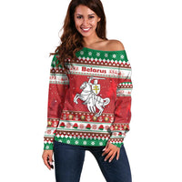 Belarus Pahonia Christmas Off Shoulder Sweater Belarusian Vytis Knight Xmas Pattern - Wonder Print Shop