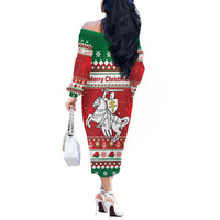 Belarus Pahonia Christmas Off The Shoulder Long Sleeve Dress Belarusian Vytis Knight Xmas Pattern - Wonder Print Shop