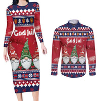 Norway Nisse Christmas Couples Matching Long Sleeve Bodycon Dress and Long Sleeve Button Shirt God Jul Norwegian Christmas Pattern - Wonder Print Shop