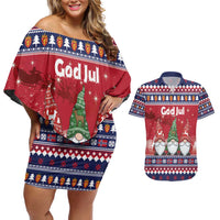 Norway Nisse Christmas Couples Matching Off Shoulder Short Dress and Hawaiian Shirt God Jul Norwegian Christmas Pattern - Wonder Print Shop