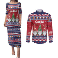 Norway Nisse Christmas Couples Matching Puletasi and Long Sleeve Button Shirt God Jul Norwegian Christmas Pattern - Wonder Print Shop