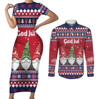 Norway Nisse Christmas Couples Matching Short Sleeve Bodycon Dress and Long Sleeve Button Shirt God Jul Norwegian Christmas Pattern - Wonder Print Shop