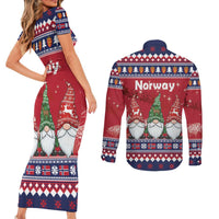 Norway Nisse Christmas Couples Matching Short Sleeve Bodycon Dress and Long Sleeve Button Shirt God Jul Norwegian Christmas Pattern - Wonder Print Shop