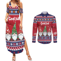 Norway Nisse Christmas Couples Matching Summer Maxi Dress and Long Sleeve Button Shirt God Jul Norwegian Christmas Pattern - Wonder Print Shop